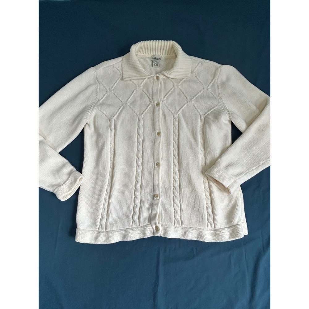 Classic Elements vintage Cream Cotton Cable Knit cardigan Sweater Collar 16/18W